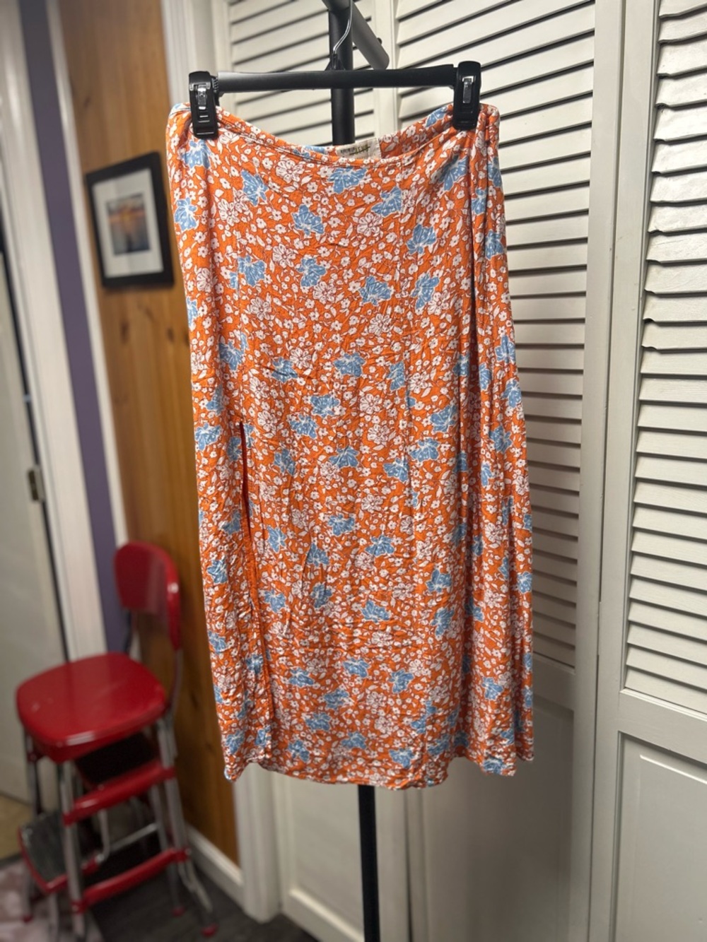 Nwot Maeve Anthropologie Orange Floral Midi Skirt with Blue Accents